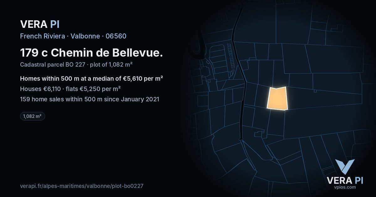 179 c Chemin de Bellevue, Valbonne at night – the plot lit, the parcels around coloured by the prices near them