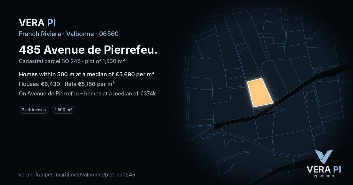 485 Avenue de Pierrefeu, Valbonne at night – the plot lit, the parcels around coloured by the prices near them