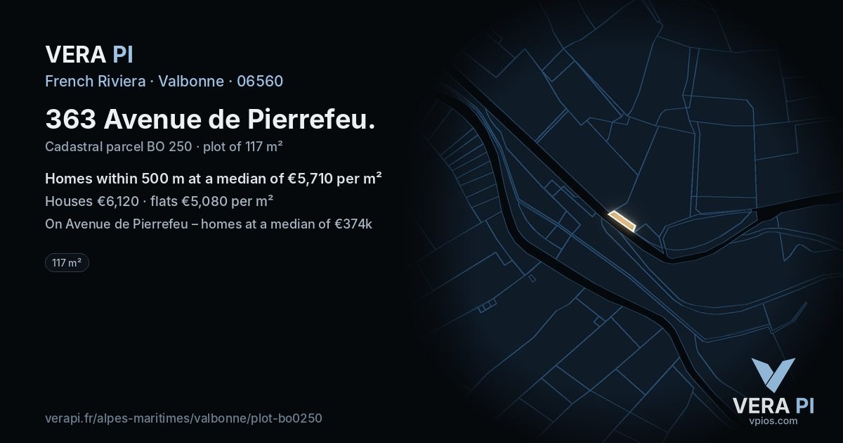 363 Avenue de Pierrefeu, Valbonne at night – the plot lit, the parcels around coloured by the prices near them