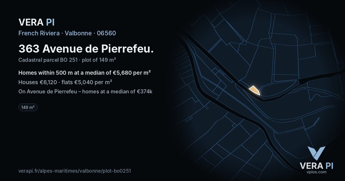 363 Avenue de Pierrefeu, Valbonne at night – the plot lit, the parcels around coloured by the prices near them