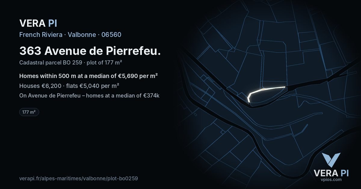 363 Avenue de Pierrefeu, Valbonne at night – the plot lit, the parcels around coloured by the prices near them