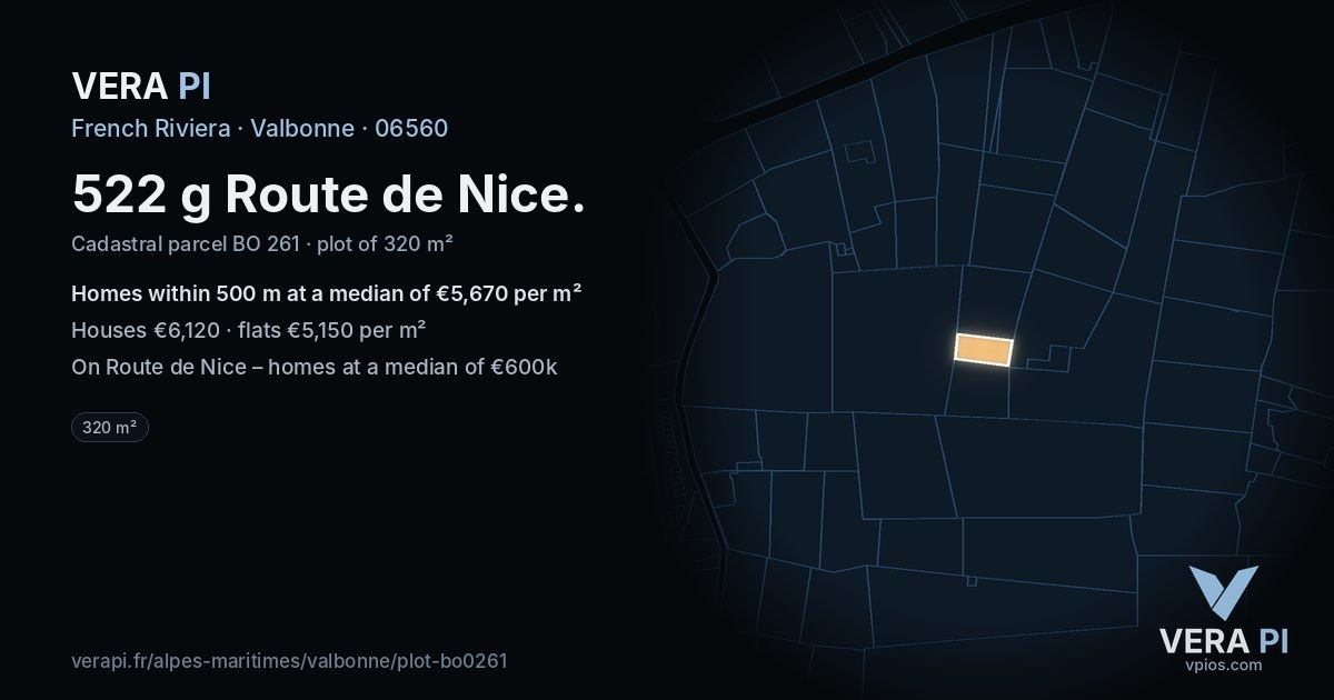 522 g Route de Nice, Valbonne at night – the plot lit, the parcels around coloured by the prices near them