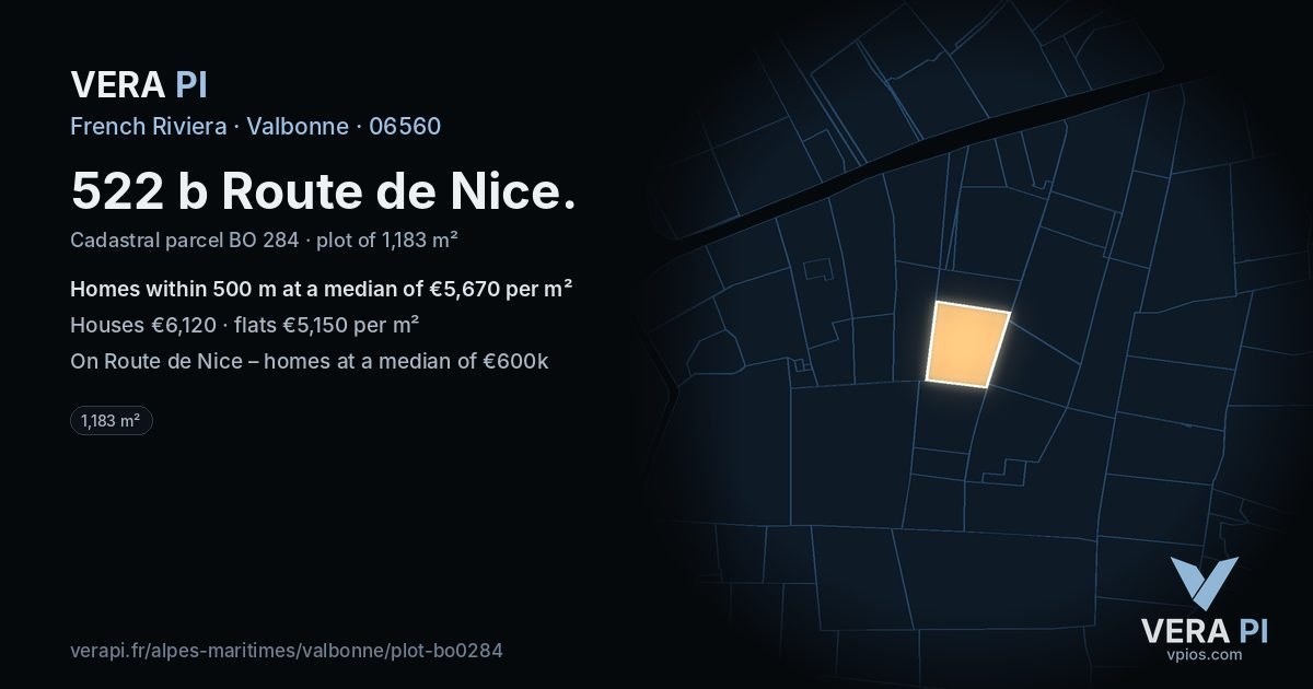 522 b Route de Nice, Valbonne at night – the plot lit, the parcels around coloured by the prices near them