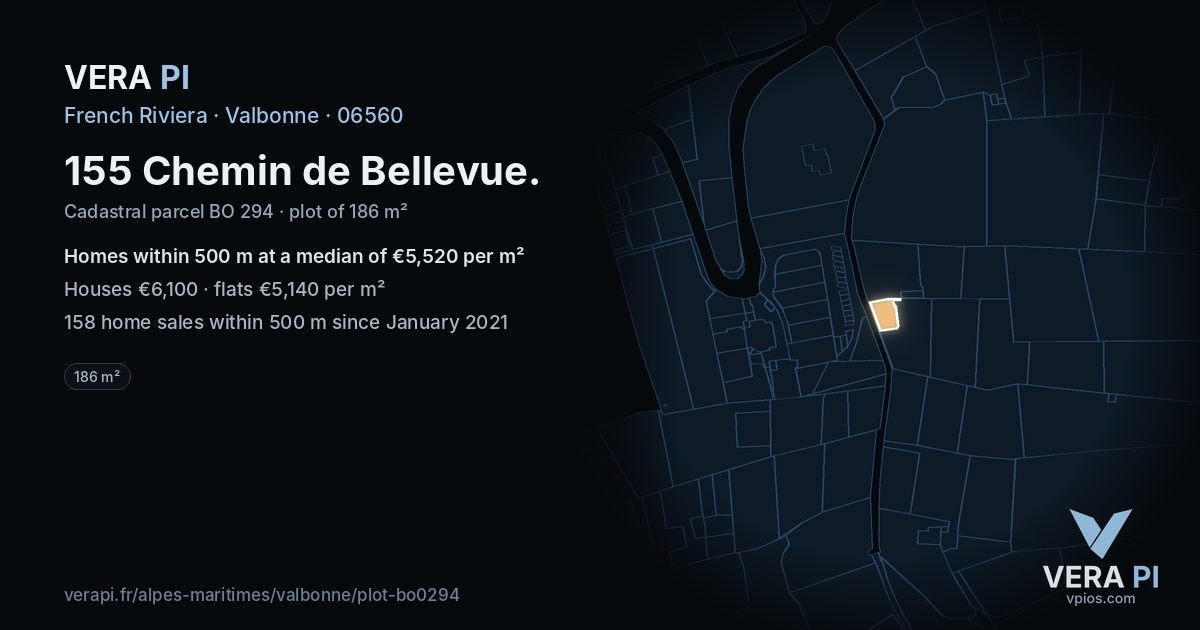 155 Chemin de Bellevue, Valbonne at night – the plot lit, the parcels around coloured by the prices near them