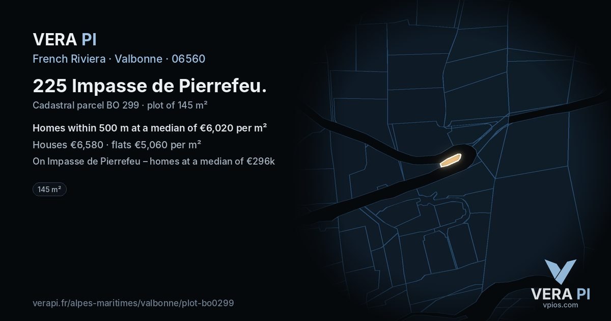 225 Impasse de Pierrefeu, Valbonne at night – the plot lit, the parcels around coloured by the prices near them