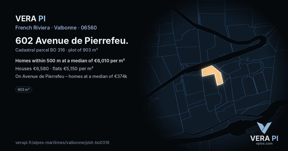 602 Avenue de Pierrefeu, Valbonne at night – the plot lit, the parcels around coloured by the prices near them