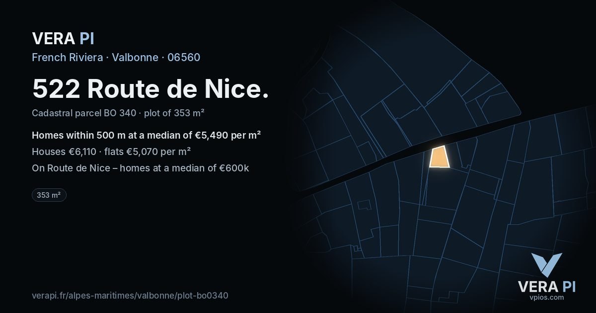 522 Route de Nice, Valbonne at night – the plot lit, the parcels around coloured by the prices near them