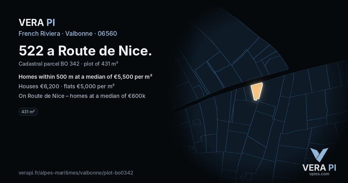 522 a Route de Nice, Valbonne at night – the plot lit, the parcels around coloured by the prices near them