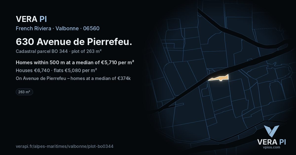 630 Avenue de Pierrefeu, Valbonne at night – the plot lit, the parcels around coloured by the prices near them