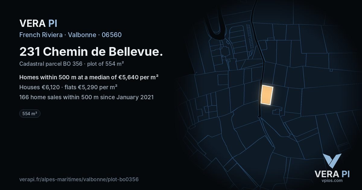 231 Chemin de Bellevue, Valbonne at night – the plot lit, the parcels around coloured by the prices near them
