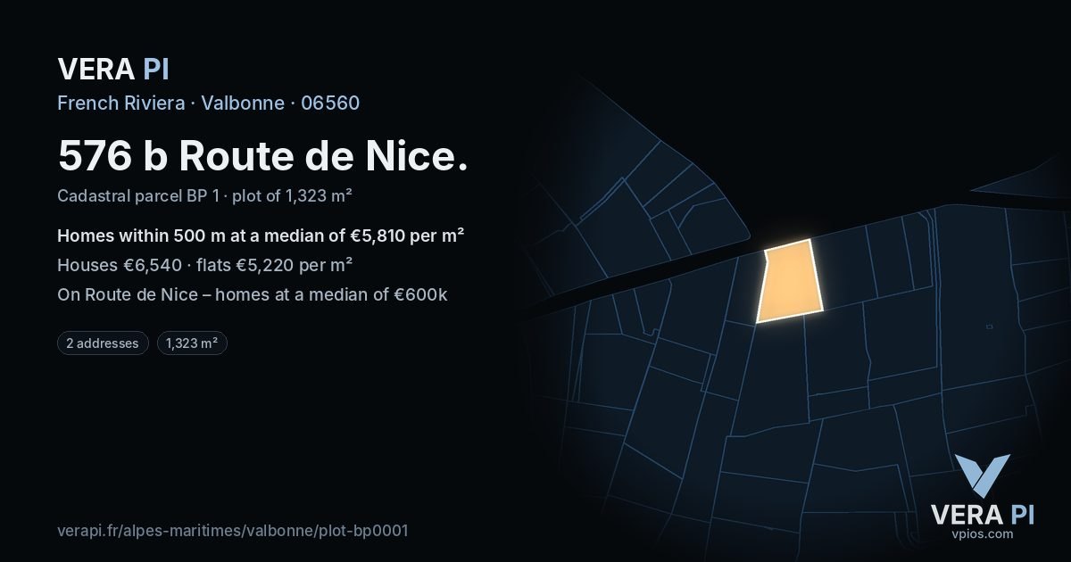 576 b Route de Nice, Valbonne at night – the plot lit, the parcels around coloured by the prices near them