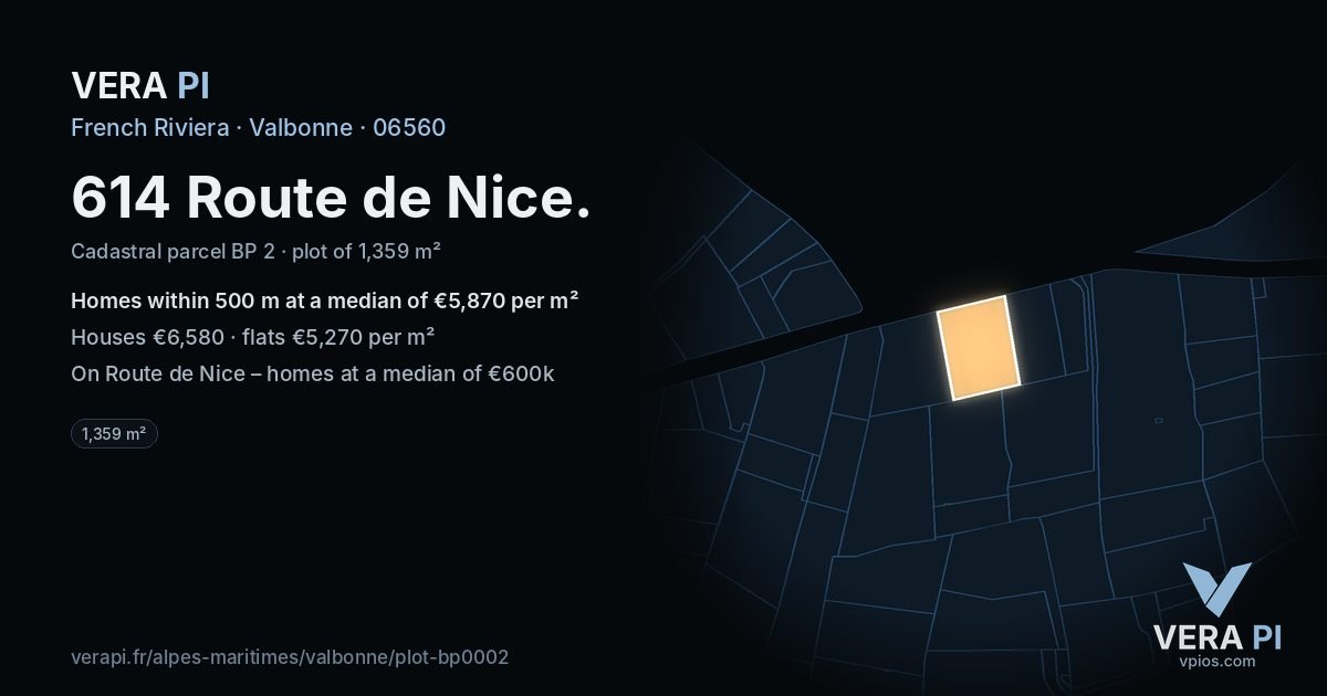 614 Route de Nice, Valbonne at night – the plot lit, the parcels around coloured by the prices near them