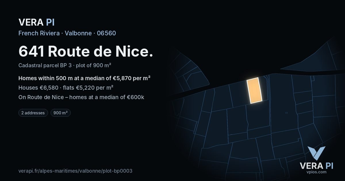 641 Route de Nice, Valbonne at night – the plot lit, the parcels around coloured by the prices near them