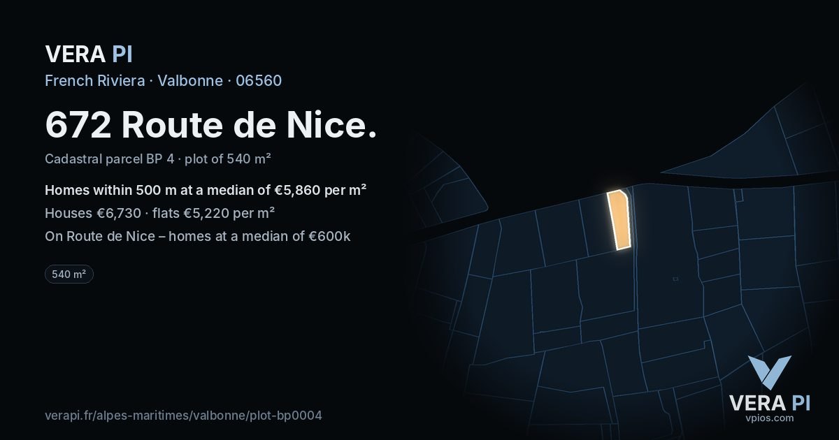 672 Route de Nice, Valbonne at night – the plot lit, the parcels around coloured by the prices near them