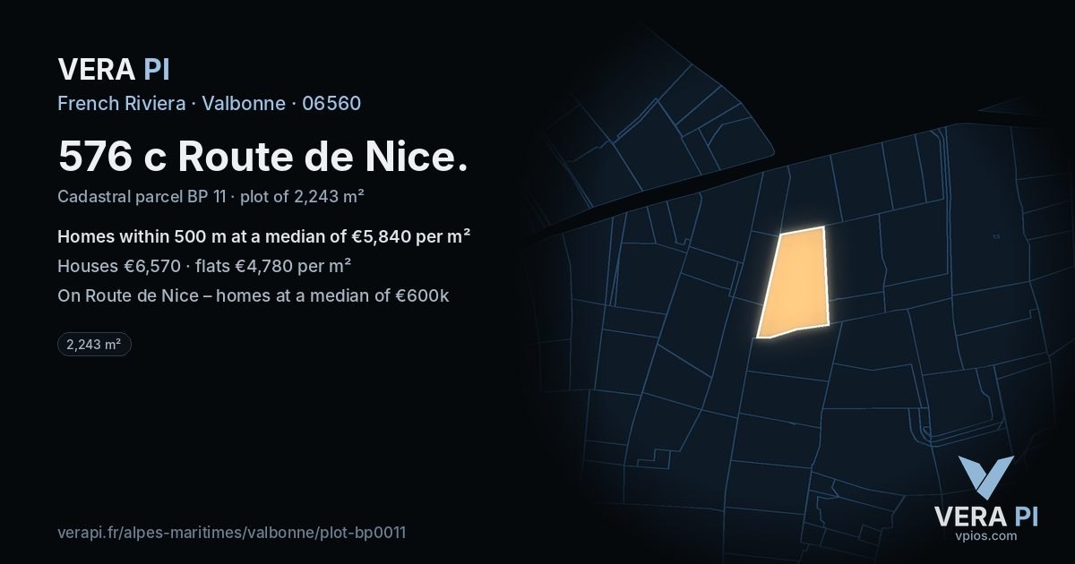 576 c Route de Nice, Valbonne at night – the plot lit, the parcels around coloured by the prices near them