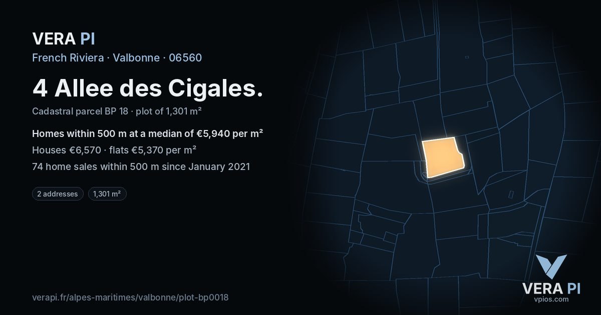 4 Allee des Cigales, Valbonne at night – the plot lit, the parcels around coloured by the prices near them