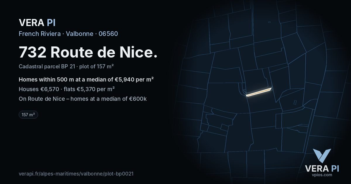 732 Route de Nice, Valbonne at night – the plot lit, the parcels around coloured by the prices near them