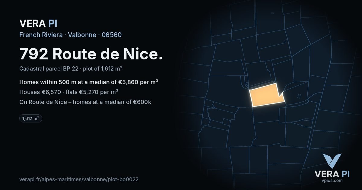 792 Route de Nice, Valbonne at night – the plot lit, the parcels around coloured by the prices near them