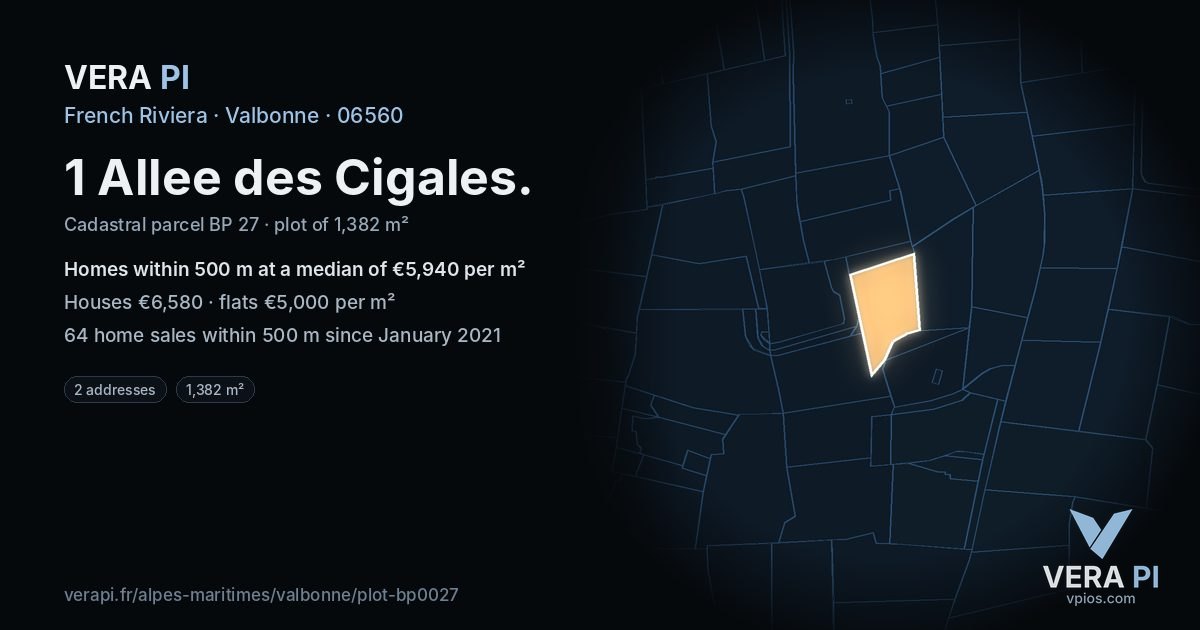 1 Allee des Cigales, Valbonne at night – the plot lit, the parcels around coloured by the prices near them