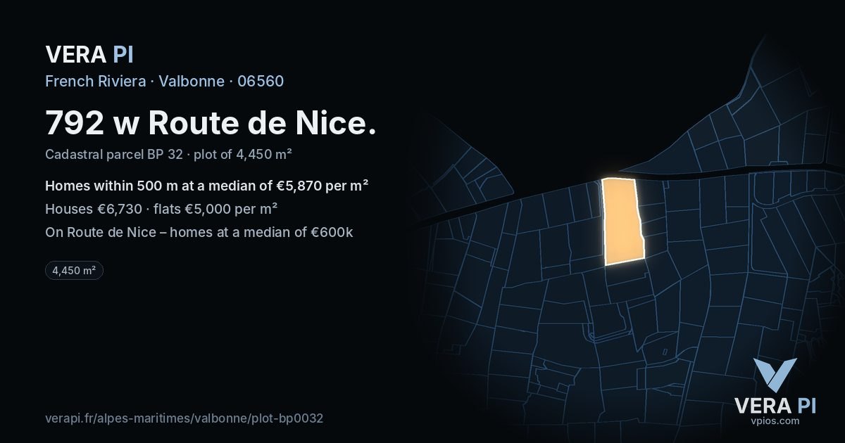 792 w Route de Nice, Valbonne at night – the plot lit, the parcels around coloured by the prices near them