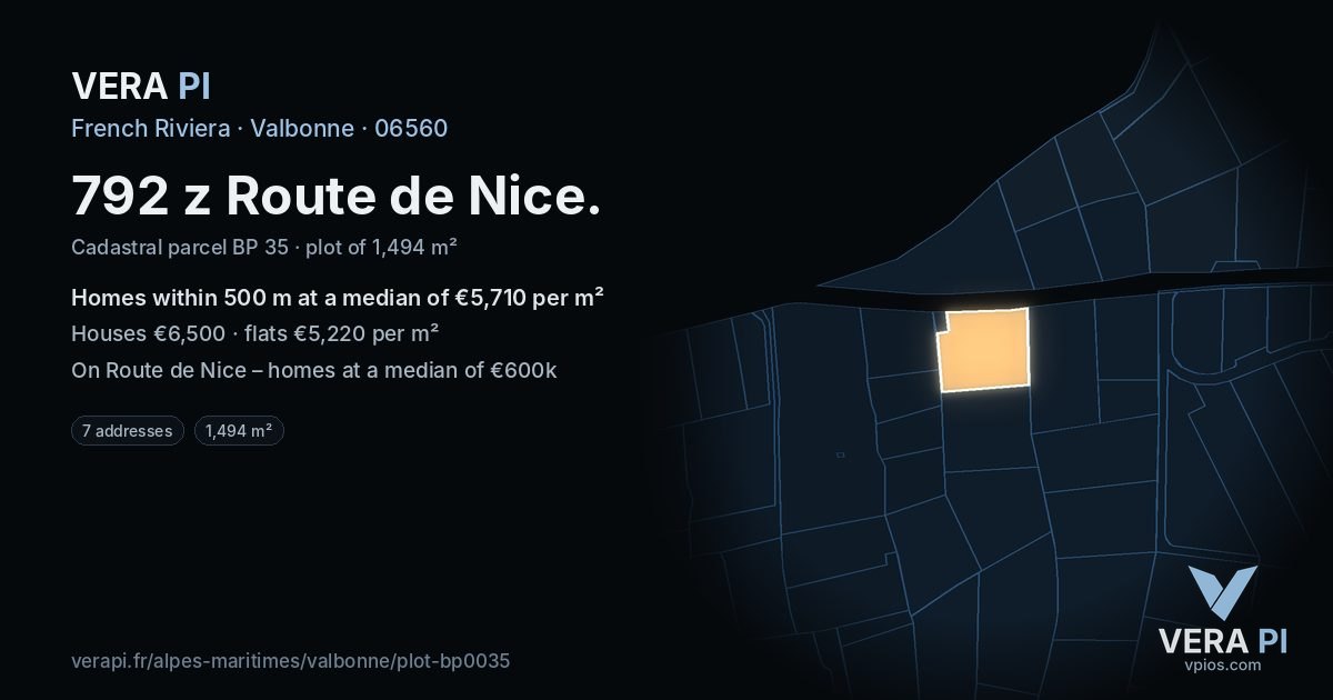 792 z Route de Nice, Valbonne at night – the plot lit, the parcels around coloured by the prices near them