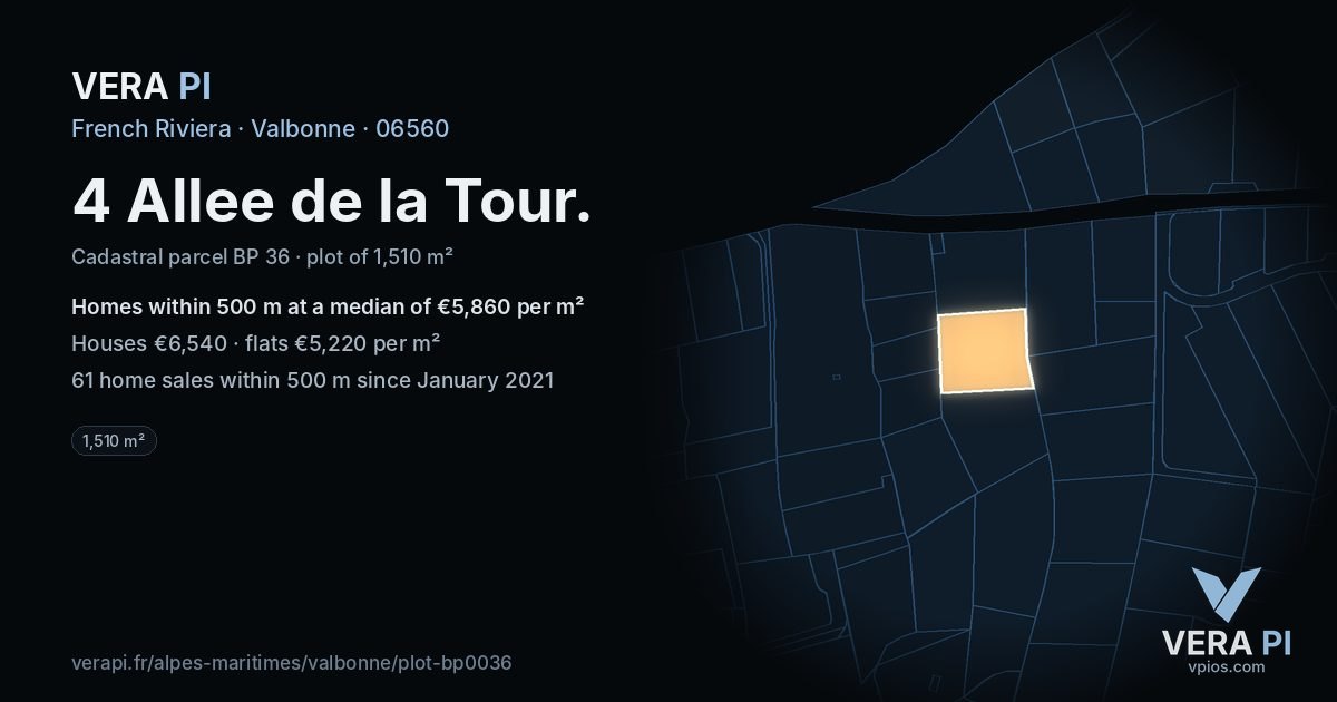 4 Allee de la Tour, Valbonne at night – the plot lit, the parcels around coloured by the prices near them