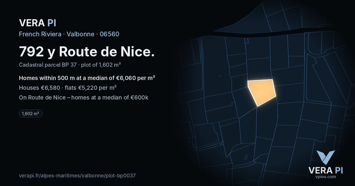 792 y Route de Nice, Valbonne at night – the plot lit, the parcels around coloured by the prices near them