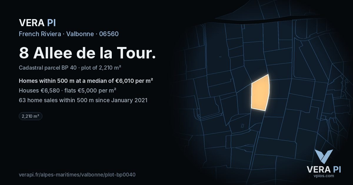 8 Allee de la Tour, Valbonne at night – the plot lit, the parcels around coloured by the prices near them