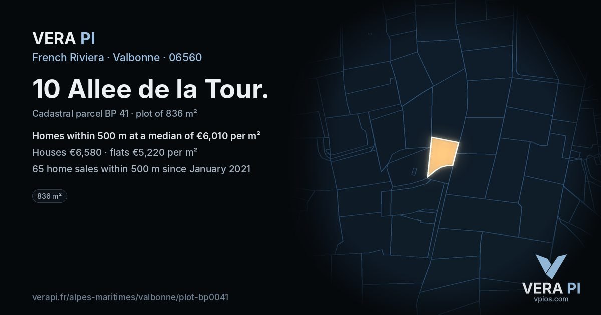 10 Allee de la Tour, Valbonne at night – the plot lit, the parcels around coloured by the prices near them