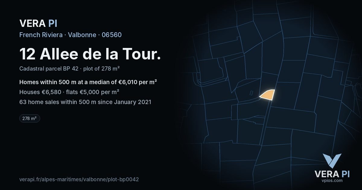 12 Allee de la Tour, Valbonne at night – the plot lit, the parcels around coloured by the prices near them