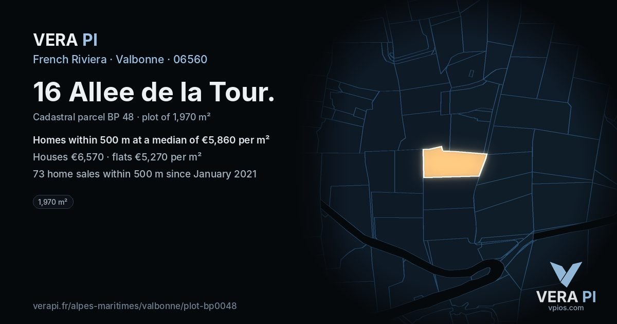 16 Allee de la Tour, Valbonne at night – the plot lit, the parcels around coloured by the prices near them