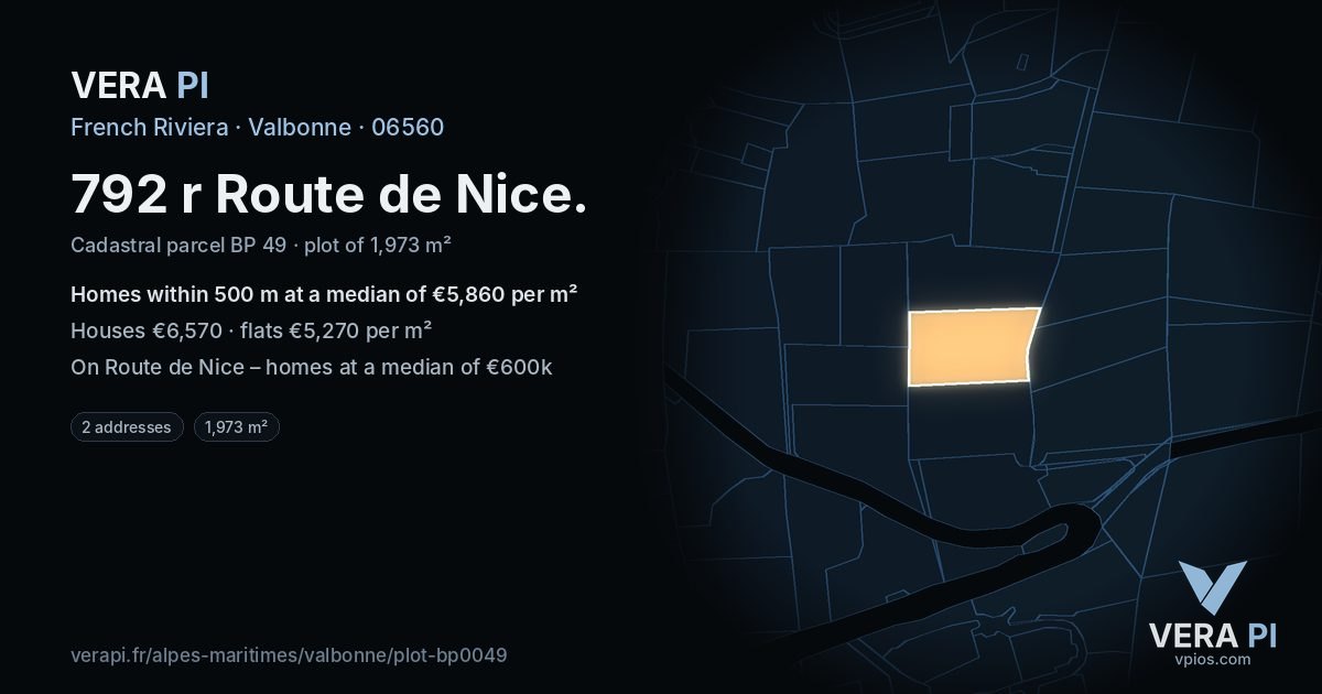 792 r Route de Nice, Valbonne at night – the plot lit, the parcels around coloured by the prices near them