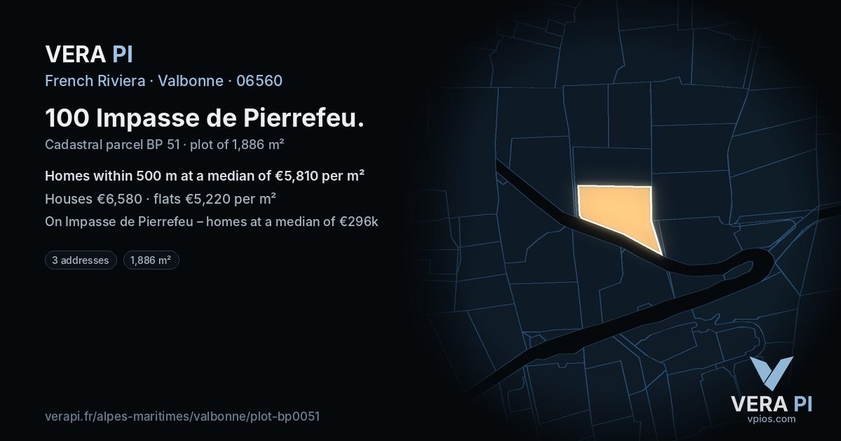 100 Impasse de Pierrefeu, Valbonne at night – the plot lit, the parcels around coloured by the prices near them