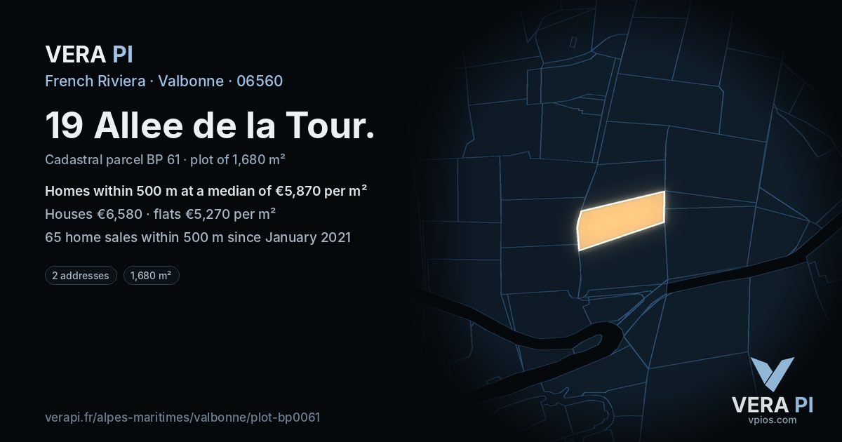 19 Allee de la Tour, Valbonne at night – the plot lit, the parcels around coloured by the prices near them