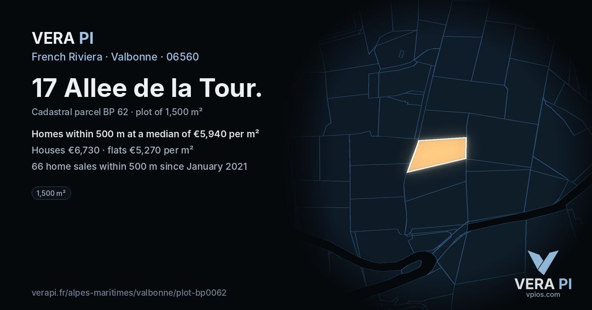 17 Allee de la Tour, Valbonne at night – the plot lit, the parcels around coloured by the prices near them