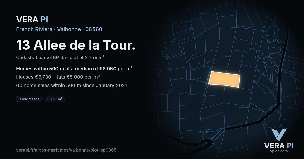 13 Allee de la Tour, Valbonne at night – the plot lit, the parcels around coloured by the prices near them