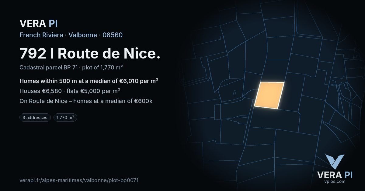 792 l Route de Nice, Valbonne at night – the plot lit, the parcels around coloured by the prices near them