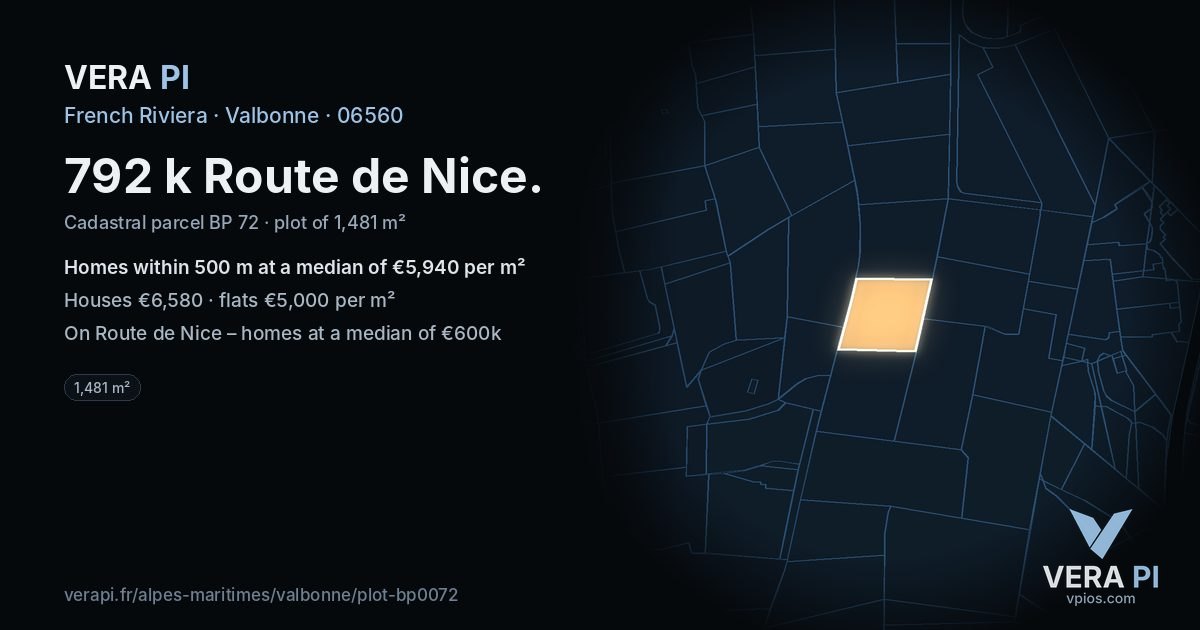 792 k Route de Nice, Valbonne at night – the plot lit, the parcels around coloured by the prices near them