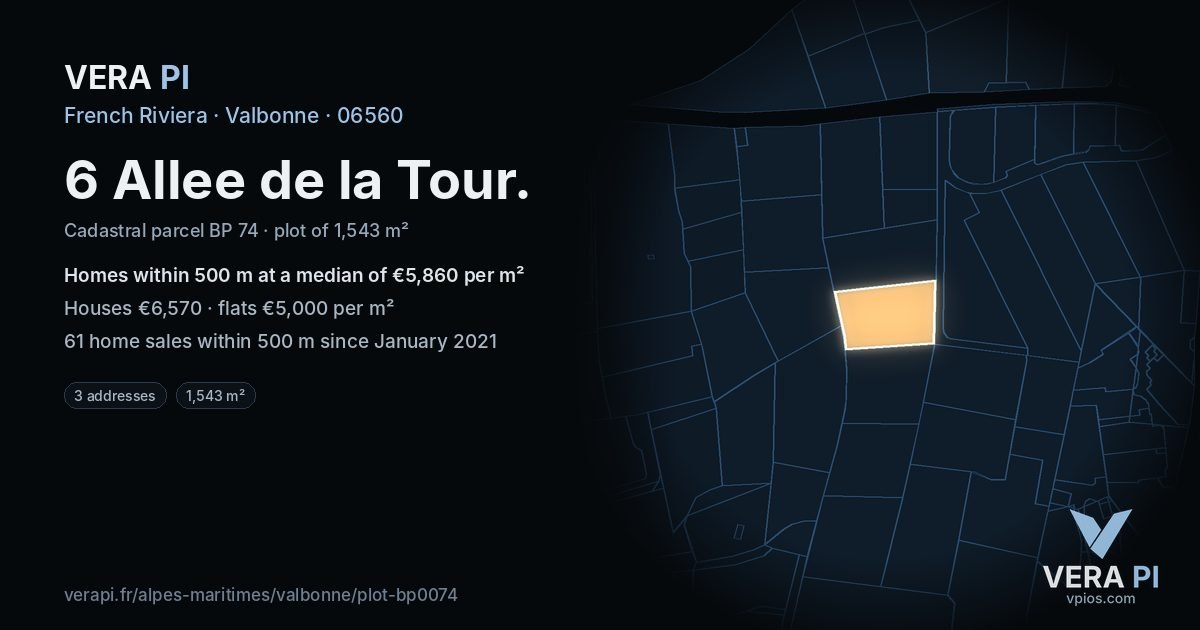 6 Allee de la Tour, Valbonne at night – the plot lit, the parcels around coloured by the prices near them