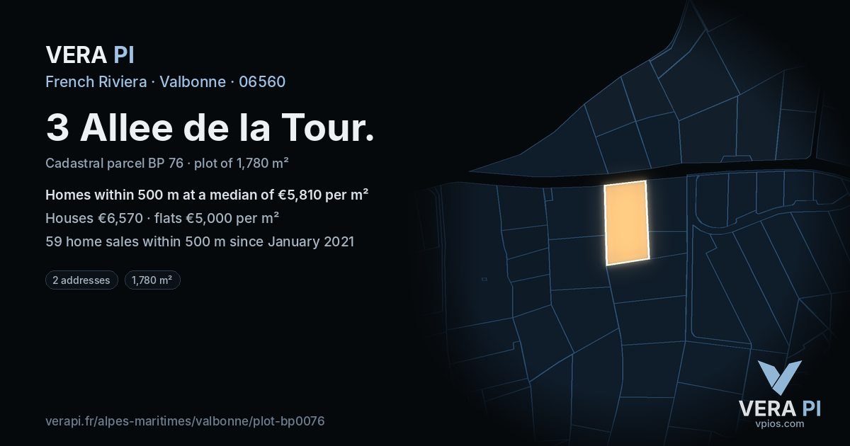 3 Allee de la Tour, Valbonne at night – the plot lit, the parcels around coloured by the prices near them