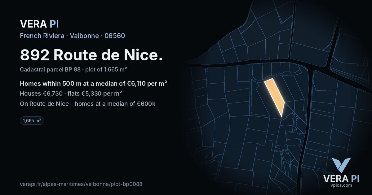 892 Route de Nice, Valbonne at night – the plot lit, the parcels around coloured by the prices near them