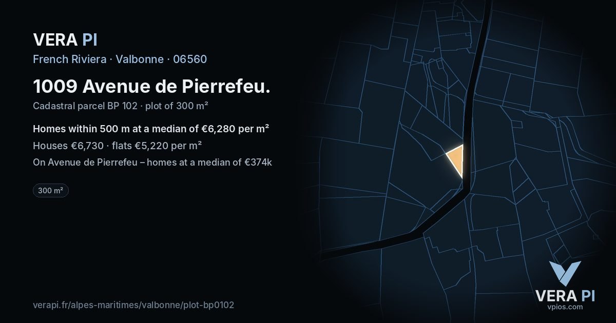 1009 Avenue de Pierrefeu, Valbonne at night – the plot lit, the parcels around coloured by the prices near them