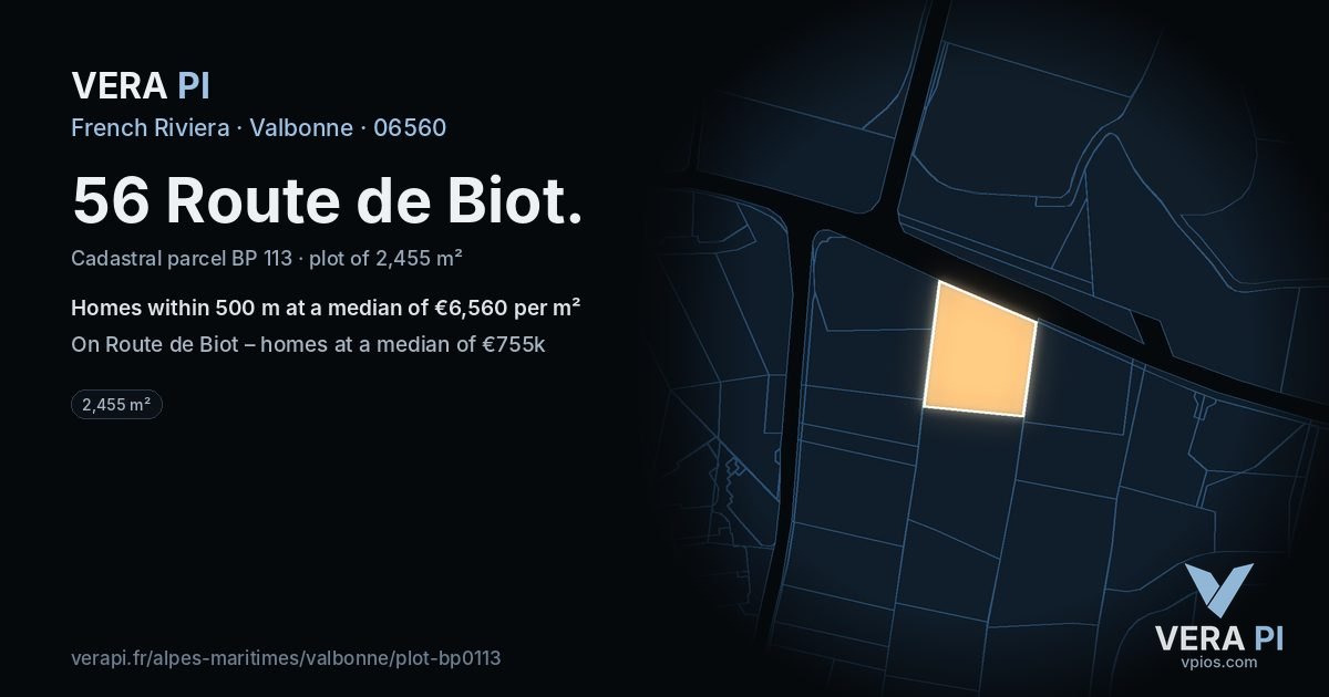 56 Route de Biot, Valbonne at night – the plot lit, the parcels around coloured by the prices near them