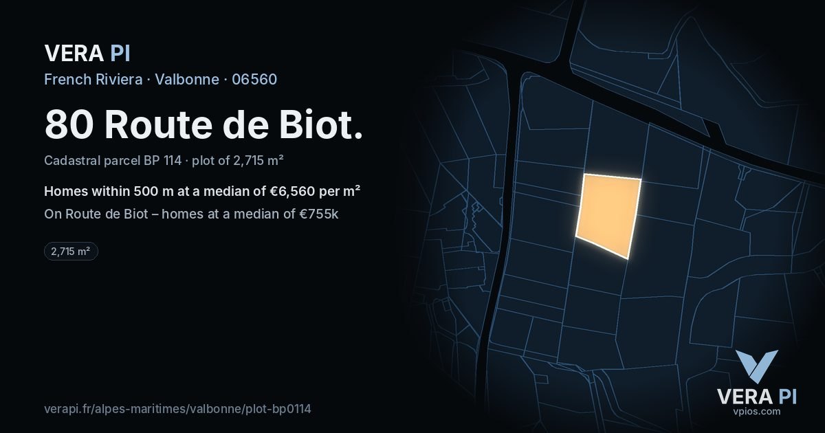 80 Route de Biot, Valbonne at night – the plot lit, the parcels around coloured by the prices near them