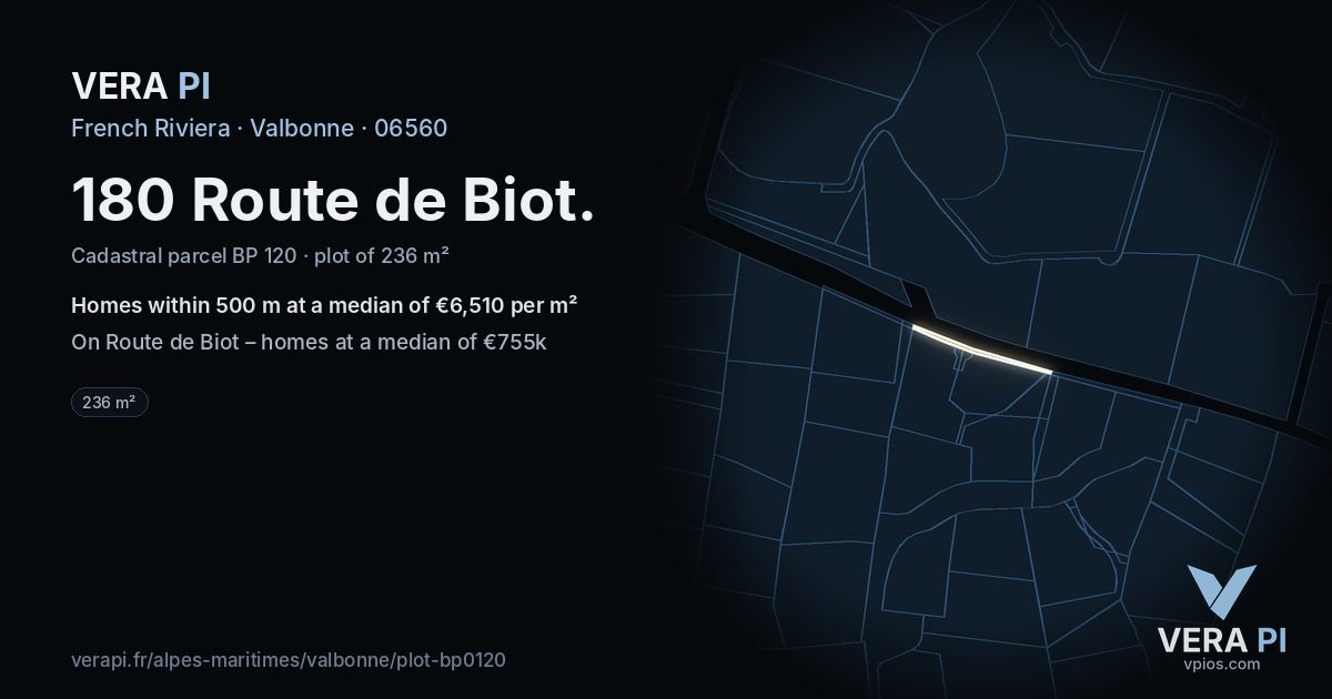180 Route de Biot, Valbonne at night – the plot lit, the parcels around coloured by the prices near them