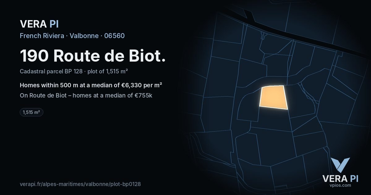 190 Route de Biot, Valbonne at night – the plot lit, the parcels around coloured by the prices near them