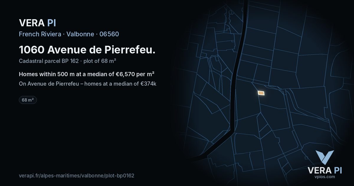 1060 Avenue de Pierrefeu, Valbonne at night – the plot lit, the parcels around coloured by the prices near them