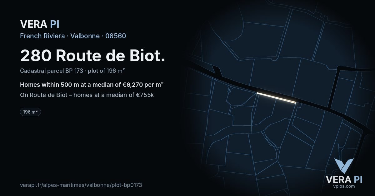 280 Route de Biot, Valbonne at night – the plot lit, the parcels around coloured by the prices near them