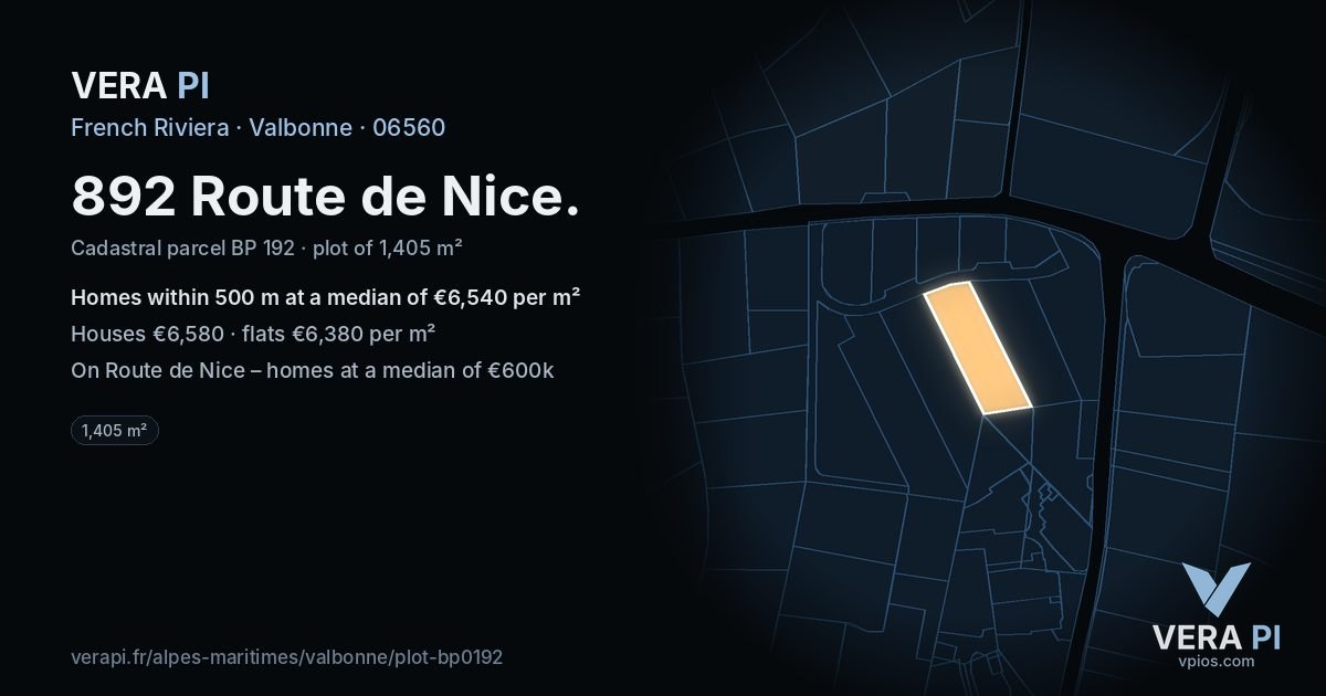892 Route de Nice, Valbonne at night – the plot lit, the parcels around coloured by the prices near them
