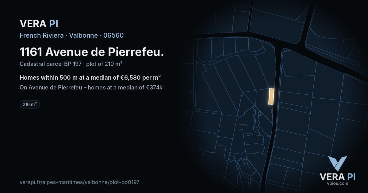 1161 Avenue de Pierrefeu, Valbonne at night – the plot lit, the parcels around coloured by the prices near them